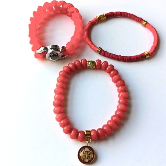 Rustic Cuff Jewelry - Rustic Cuff Set-3 Red Stacking Bracelets Silicone Links Polymer Clay Coral Beads